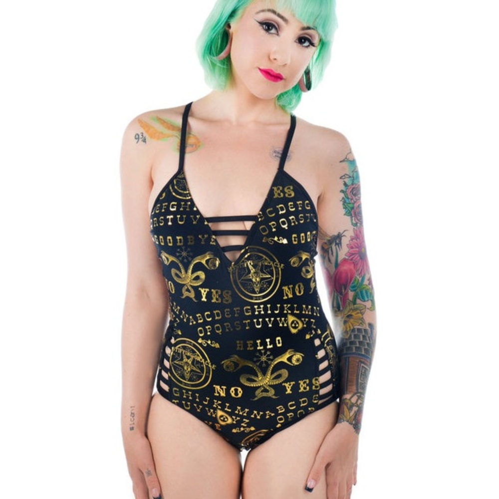 Too Fast Black and Gold Ouija One Piece Swimsuit